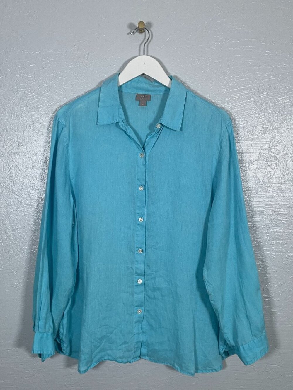 J Jill Women L Blue Linen Blouse Button Front Long Sleeve Lightweight Natural